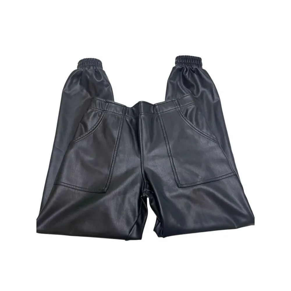 Moon Ryder Women's Faux Leather Pull-On Elastic Waist Jogger Pants Black Small